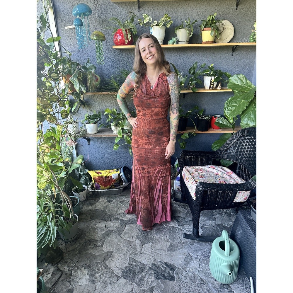 VTG 90s Mix Up Mixed Media Rust Dipped Maxi‎ Dress 4 Y2K